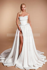 Fabulous White A-Line Strapless Sleeveless Beaded Long Split Front Satin Wedding Dresses With Pearls