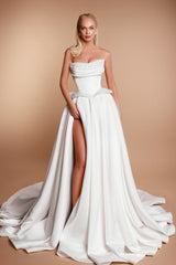 Fabulous White A-Line Strapless Sleeveless Beaded Long Split Front Satin Wedding Dresses With Pearls