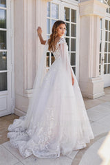 Fabulous White A-Line V-neck Cap Sleeves Lace Long Tulle Wedding Dresses With Appliques