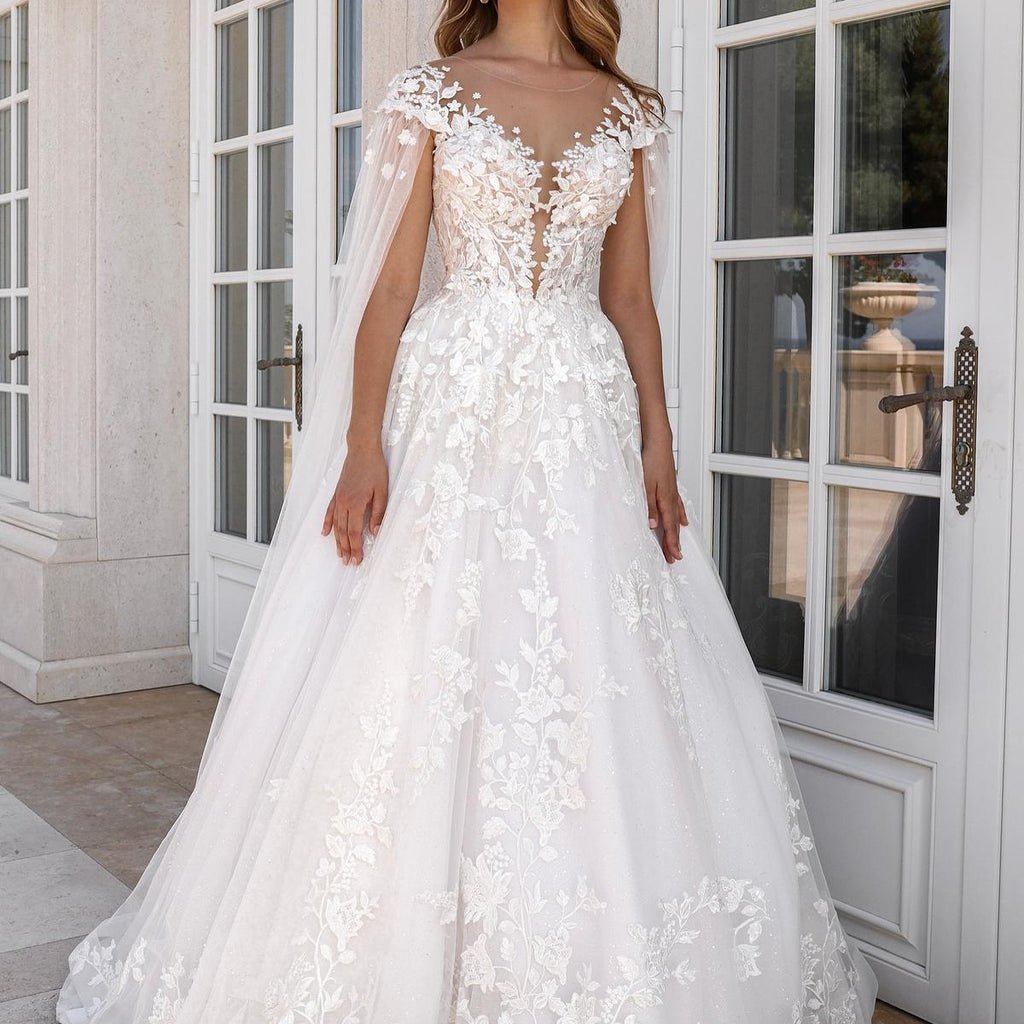 A-line V-neckline Long Tulle Dresses White