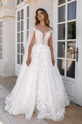 Fabulous White A-Line V-neck Cap Sleeves Lace Long Tulle Wedding Dresses With Appliques