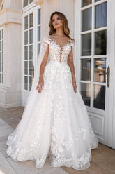 Fabulous White A-Line V-neck Cap Sleeves Lace Long Tulle Wedding Dresses With Appliques