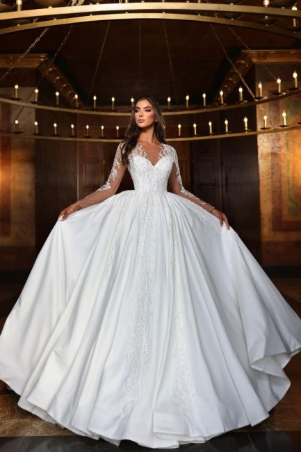 Fabulous White Ball Gown Long Sleeves Sequined Panel Train Wedding Dresses With Appliques