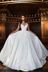 Fabulous White Ball Gown Long Sleeves Sequined Panel Train Wedding Dresses With Appliques