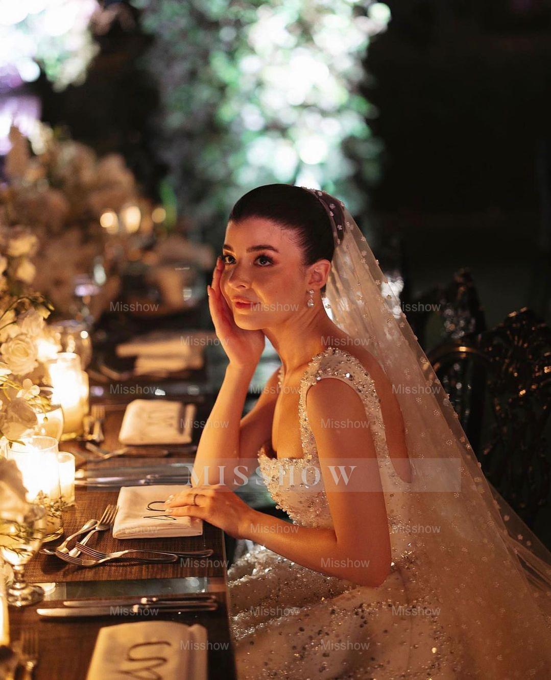 Fabulous White Ball Gown Square Sleeveless Beaded Sequined Cathedral Train Wedding Dress