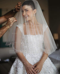 Fabulous White Ball Gown Square Sleeveless Beaded Sequined Cathedral Train Wedding Dress