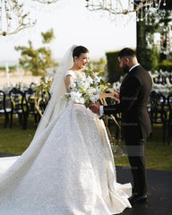 Fabulous White Ball Gown Square Sleeveless Beaded Sequined Cathedral Train Wedding Dress