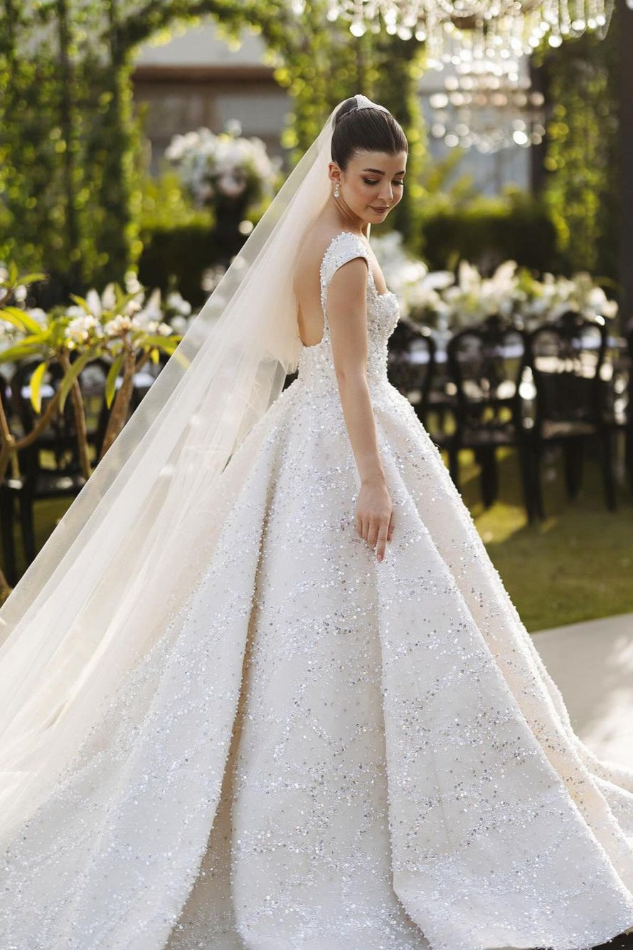 Fabulous White Ball Gown Square Sleeveless Beaded Sequined Cathedral Train Wedding Dress