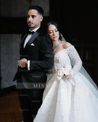 Fabulous White Ball Gown Strapless Off-The-Shoulder Long Sleeves Beaded Lace Long Tulle Wedding Dress