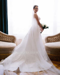 Fabulous White Column Sweetheart Sleeveless Beaded Detachable Train Satin Wedding Dress With Ruffles