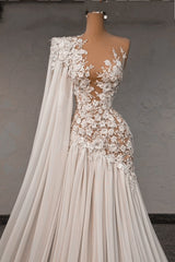 Fabulous White Lace A-Line Beaded Asymmetrical One-Shoulder Cap Sleeves Sweep Train Chiffon Wedding Dresses With Pearls