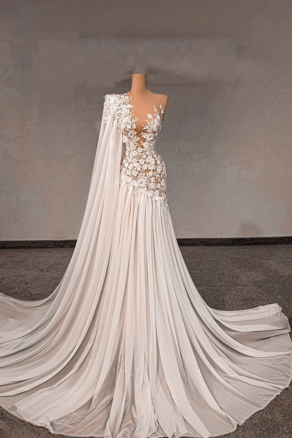 Fabulous White Lace A-Line Beaded Asymmetrical One-Shoulder Cap Sleeves Sweep Train Chiffon Wedding Dresses With Pearls