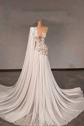 Fabulous White Lace A-Line Beaded Asymmetrical One-Shoulder Cap Sleeves Sweep Train Chiffon Wedding Dresses With Pearls