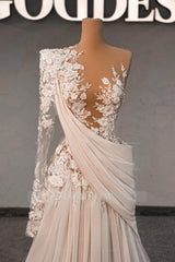 Fabulous White Lace A-Line One-Shoulder Long Sleeves Beaded Sweep Train Chiffon Ruffle Wedding Dresses With Pearls