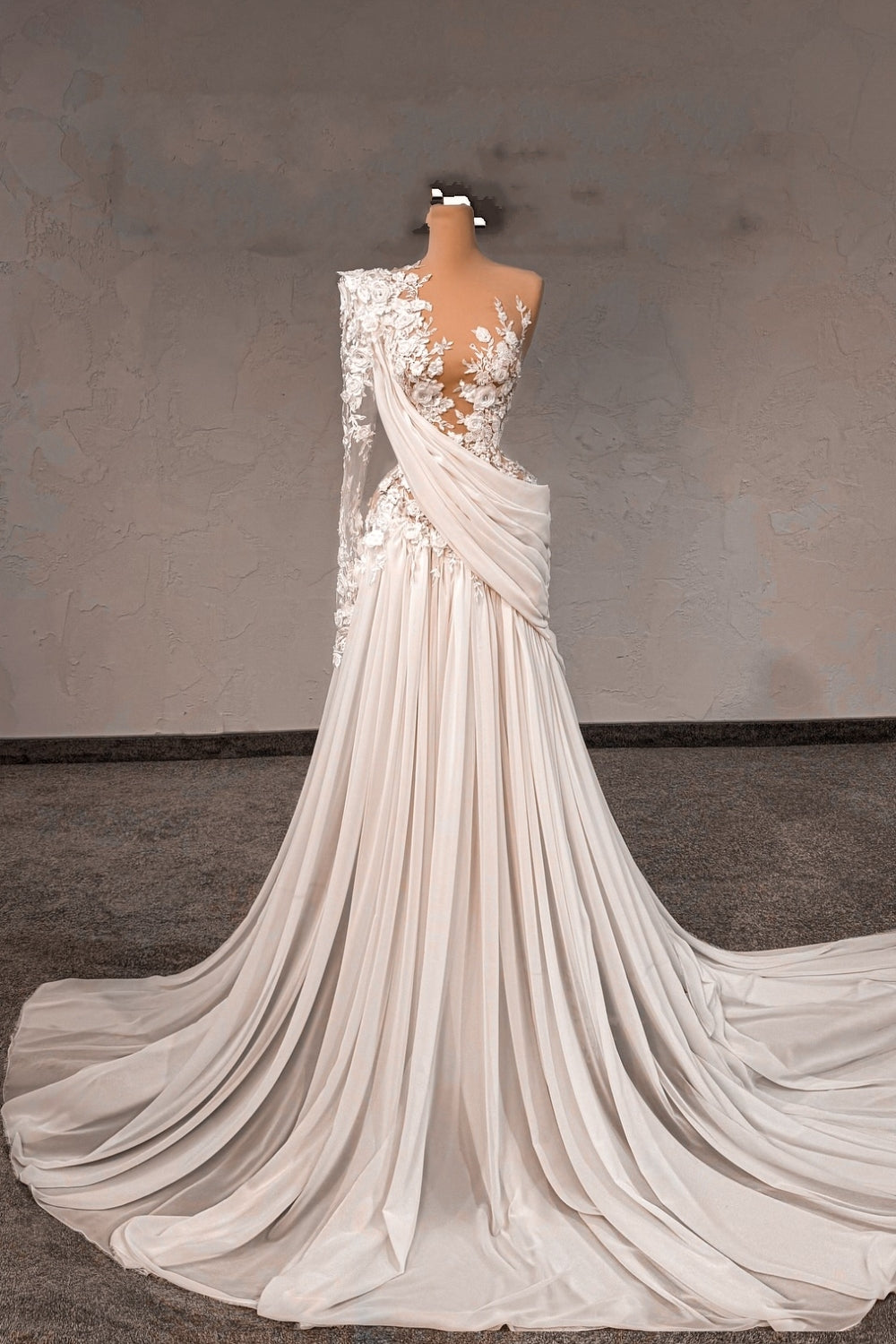 Fabulous White Lace A-Line One-Shoulder Long Sleeves Beaded Sweep Train Chiffon Ruffle Wedding Dresses With Pearls