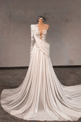 Fabulous White Lace A-Line One-Shoulder Long Sleeves Beaded Sweep Train Chiffon Ruffle Wedding Dresses With Pearls