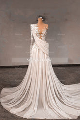 Fabulous White Lace A-Line One-Shoulder Long Sleeves Beaded Sweep Train Chiffon Ruffle Wedding Dresses With Pearls