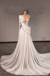 Fabulous White Lace A-Line One-Shoulder Long Sleeves Beaded Sweep Train Chiffon Ruffle Wedding Dresses With Pearls
