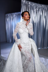 Fabulous White Lace Mermaid High-Neck Long Sleeves Sweep Train Tulle Wedding Dresses