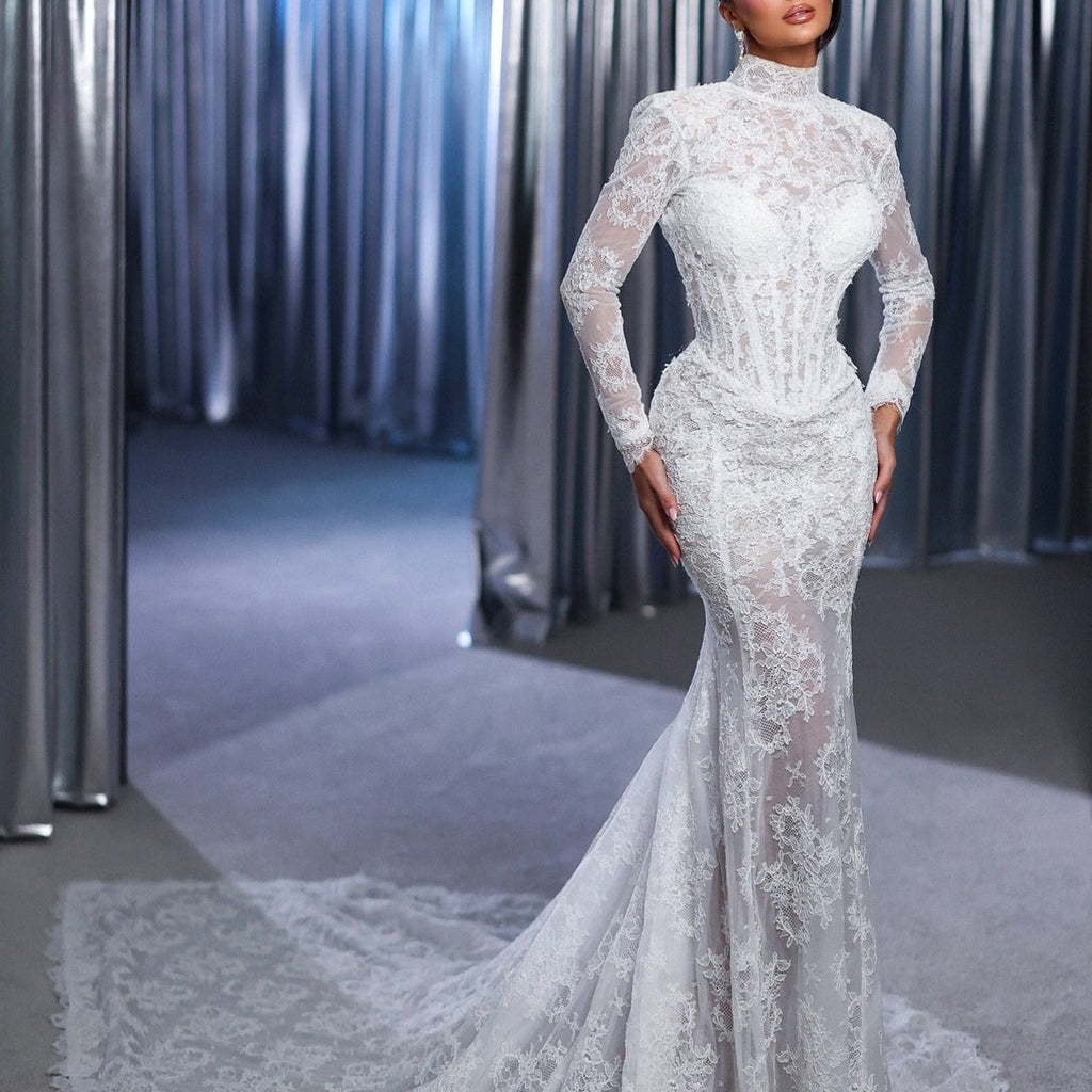 Mermaid Fitted V-Neck Long Sleeves Sweep Train Lace Wedding Dresses main image 1