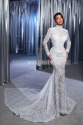 Fabulous White Lace Mermaid High-Neck Long Sleeves Sweep Train Tulle Wedding Dresses