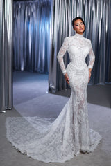 Fabulous White Lace Mermaid High-Neck Long Sleeves Sweep Train Tulle Wedding Dresses