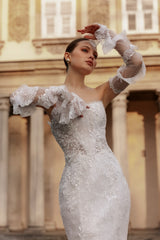 Fabulous White Lace Mermaid Strapless Sequined Sleeveless Sweep Train Wedding Dresses With Appliques