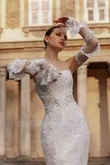 Fabulous White Lace Mermaid Strapless Sequined Sleeveless Sweep Train Wedding Dresses With Appliques