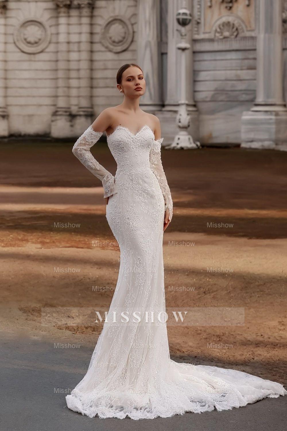 Fabulous White Lace Mermaid Strapless Sequined Sleeveless Sweep Train Wedding Dresses With Appliques