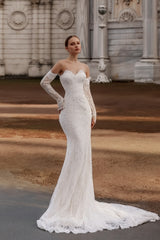 Fabulous White Lace Mermaid Strapless Sequined Sleeveless Sweep Train Wedding Dresses With Appliques