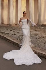 Fabulous White Lace Mermaid Strapless Sequined Sleeveless Sweep Train Wedding Dresses With Appliques