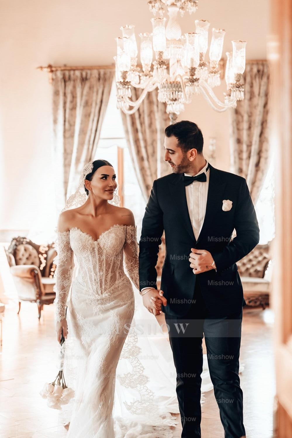 Fabulous White Lace Mermaid Sweetheart Off-The-Shoulder Beaded Long Sleeves Sweep Train Wedding Dresses