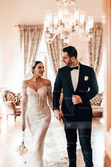 Fabulous White Lace Mermaid Sweetheart Off-The-Shoulder Beaded Long Sleeves Sweep Train Wedding Dresses