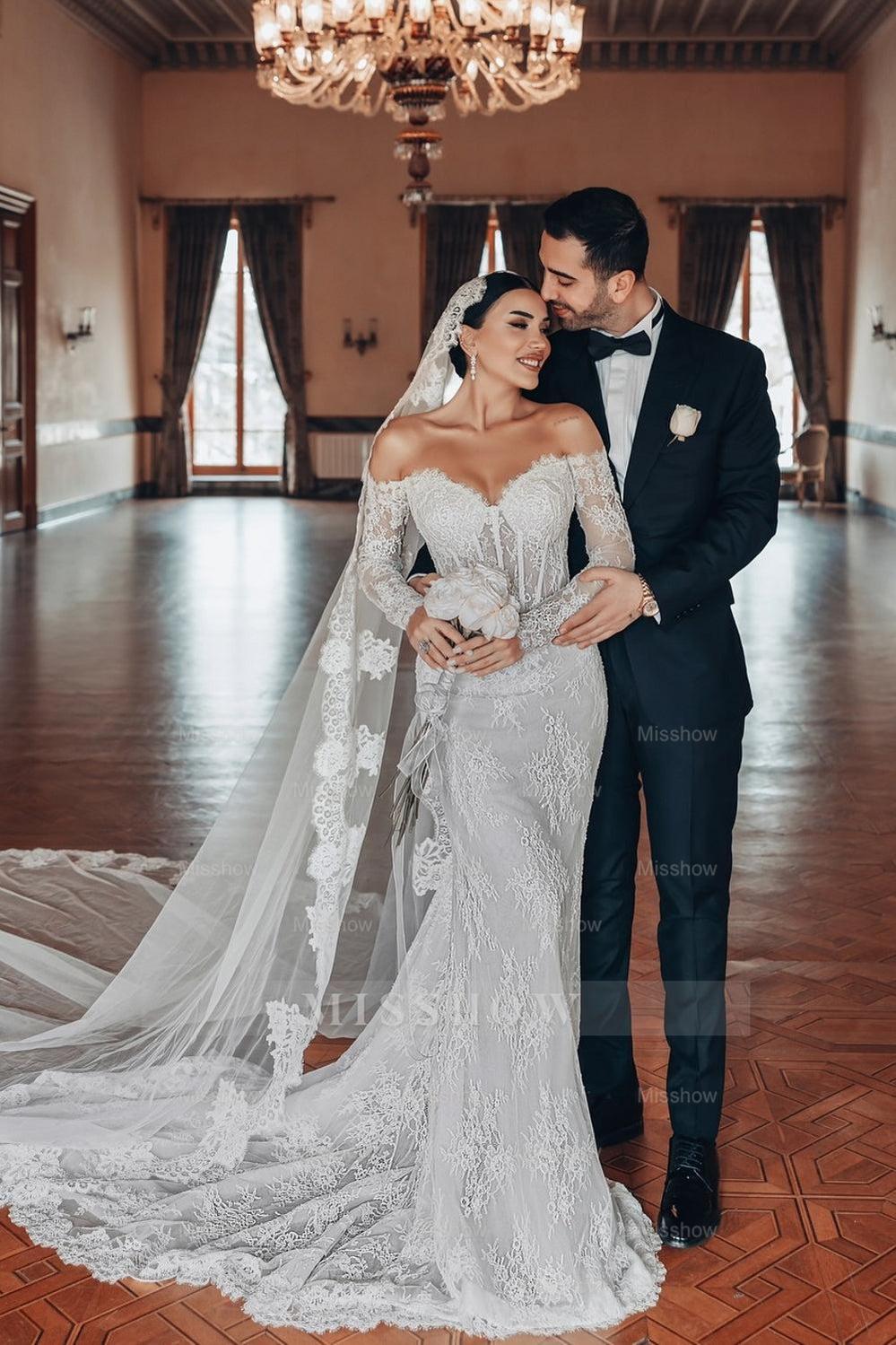 Fabulous White Lace Mermaid Sweetheart Off-The-Shoulder Beaded Long Sleeves Sweep Train Wedding Dresses