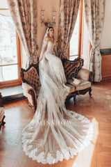 Fabulous White Lace Mermaid Sweetheart Off-The-Shoulder Beaded Long Sleeves Sweep Train Wedding Dresses