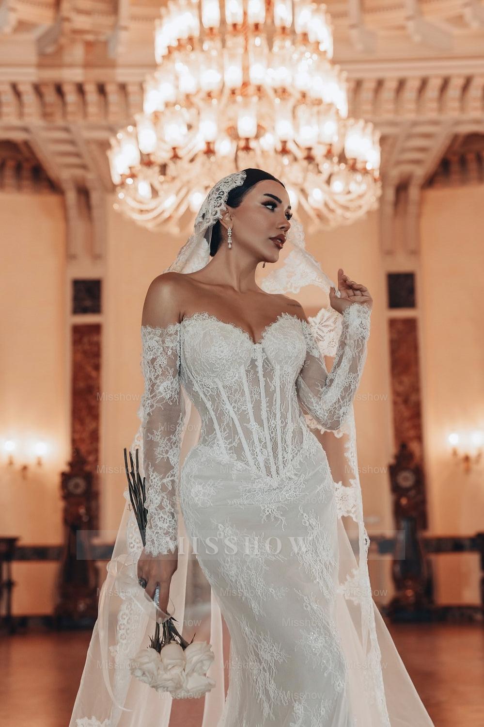 Fabulous White Lace Mermaid Sweetheart Off-The-Shoulder Beaded Long Sleeves Sweep Train Wedding Dresses