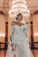 Fabulous White Lace Mermaid Sweetheart Off-The-Shoulder Beaded Long Sleeves Sweep Train Wedding Dresses