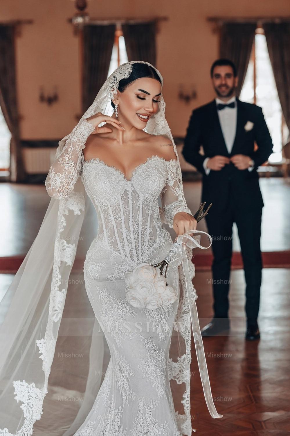 Fabulous White Lace Mermaid Sweetheart Off-The-Shoulder Beaded Long Sleeves Sweep Train Wedding Dresses