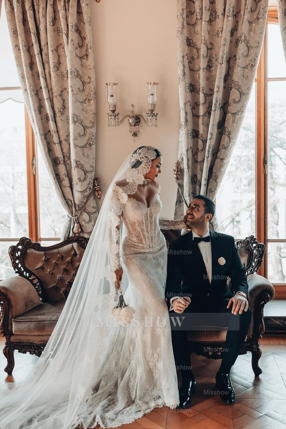 Fabulous White Lace Mermaid Sweetheart Off-The-Shoulder Beaded Long Sleeves Sweep Train Wedding Dresses