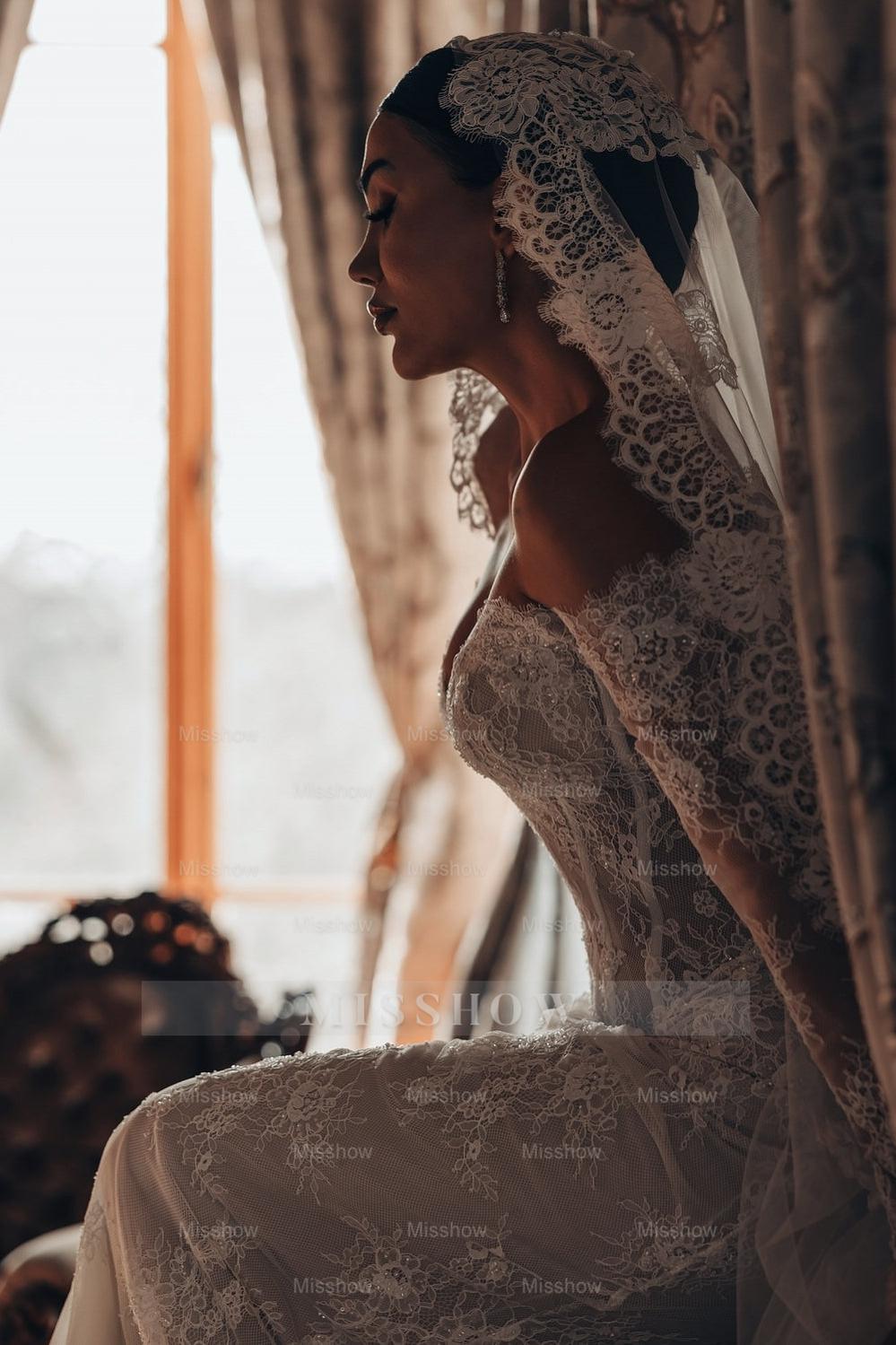 Fabulous White Lace Mermaid Sweetheart Off-The-Shoulder Beaded Long Sleeves Sweep Train Wedding Dresses