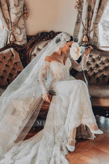 Fabulous White Lace Mermaid Sweetheart Off-The-Shoulder Beaded Long Sleeves Sweep Train Wedding Dresses