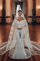 Fabulous White Lace Mermaid Sweetheart Off-The-Shoulder Beaded Long Sleeves Sweep Train Wedding Dresses