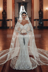 Fabulous White Lace Mermaid Sweetheart Off-The-Shoulder Beaded Long Sleeves Sweep Train Wedding Dresses