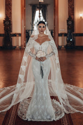 Fabulous White Lace Mermaid Sweetheart Off-The-Shoulder Beaded Long Sleeves Sweep Train Wedding Dresses