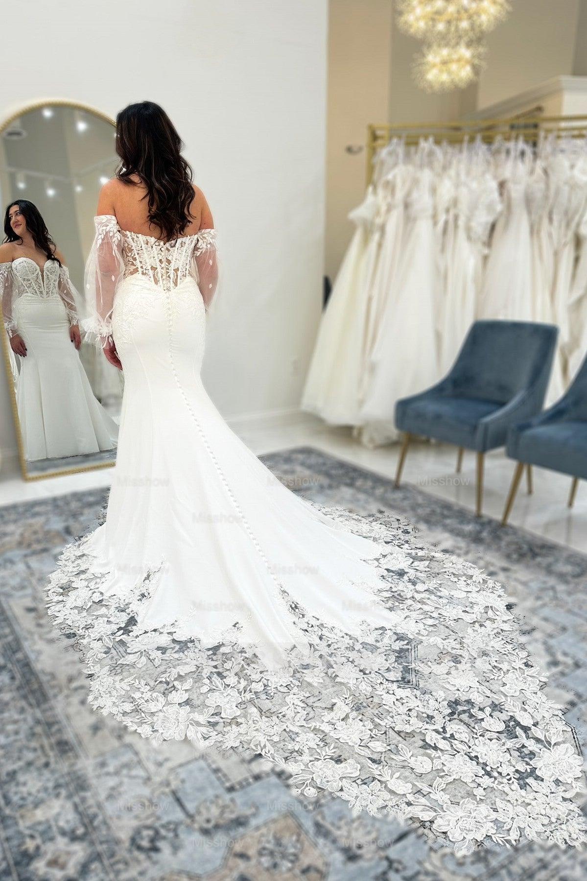 Fabulous White Lace Mermaid V-Neck Off-The-Shoulder Long Sleeves Cathedral Train Satin Wedding Dresses