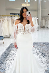 Fabulous White Lace Mermaid V-Neck Off-The-Shoulder Long Sleeves Cathedral Train Satin Wedding Dresses