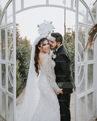 Fabulous White Mermaid Long Sleeves Beaded Detachable Train Tulle Wedding Dress With Peals