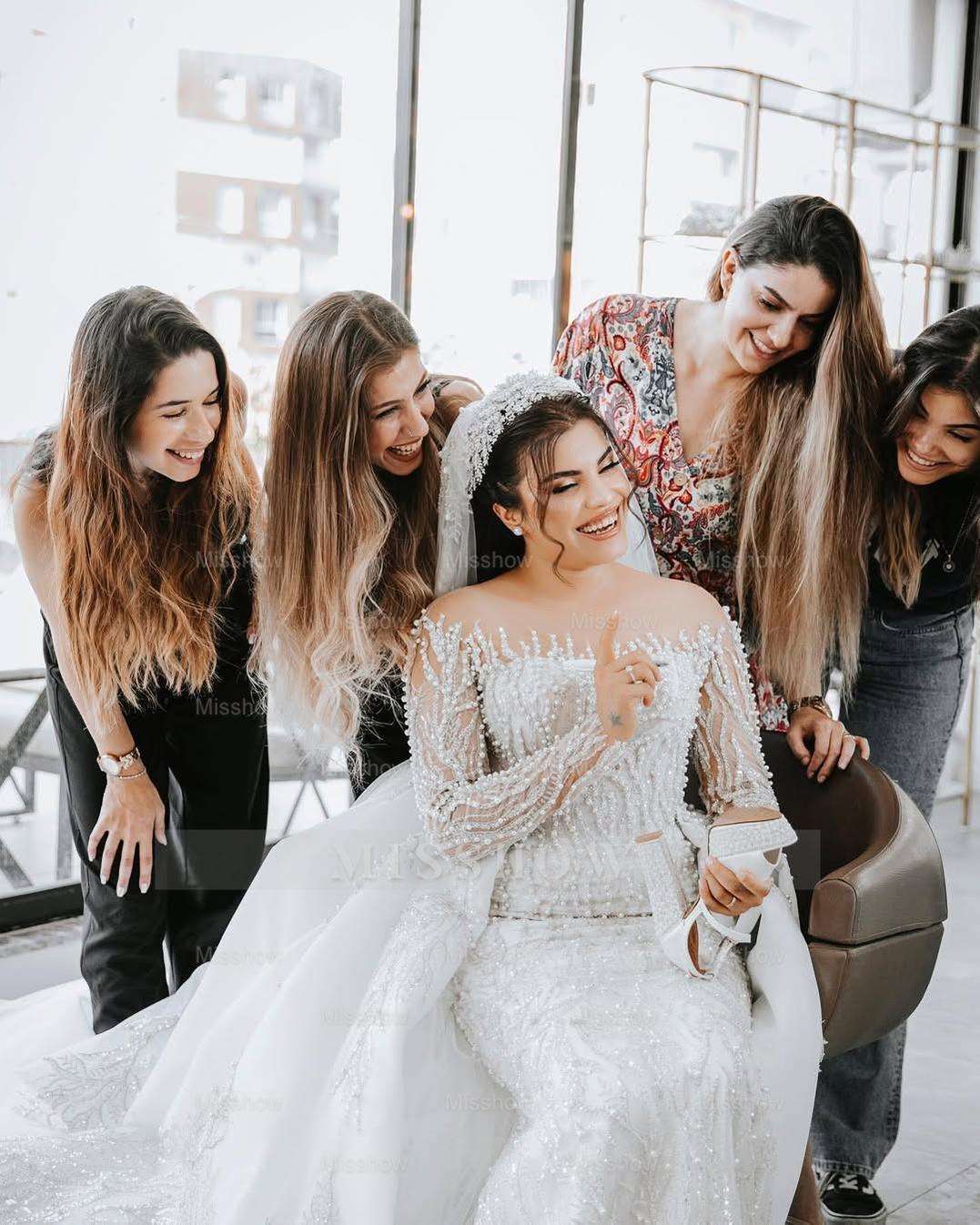 Fabulous White Mermaid Long Sleeves Beaded Detachable Train Tulle Wedding Dress With Peals