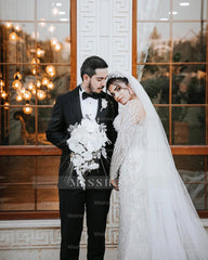 Fabulous White Mermaid Long Sleeves Beaded Detachable Train Tulle Wedding Dress With Peals