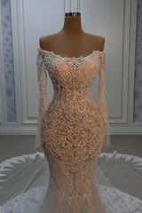 Fabulous White Mermaid Strapless Beaded Off-The-Shoulder Long Sleeve Chapel Train Lace Wedding Dresses